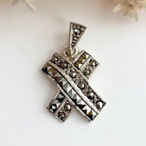 Cross Shaped Marcasite Accented Sterling Silver 925 Vintage Pendant
